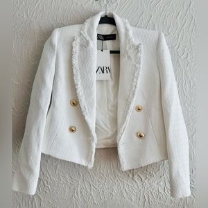 Zara White Cropped Tweed Textured Blazer Sz XS NWT